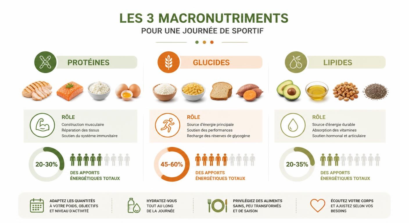 Infographie des trois piliers nutritionnels d'une journée alimentaire de sportif
