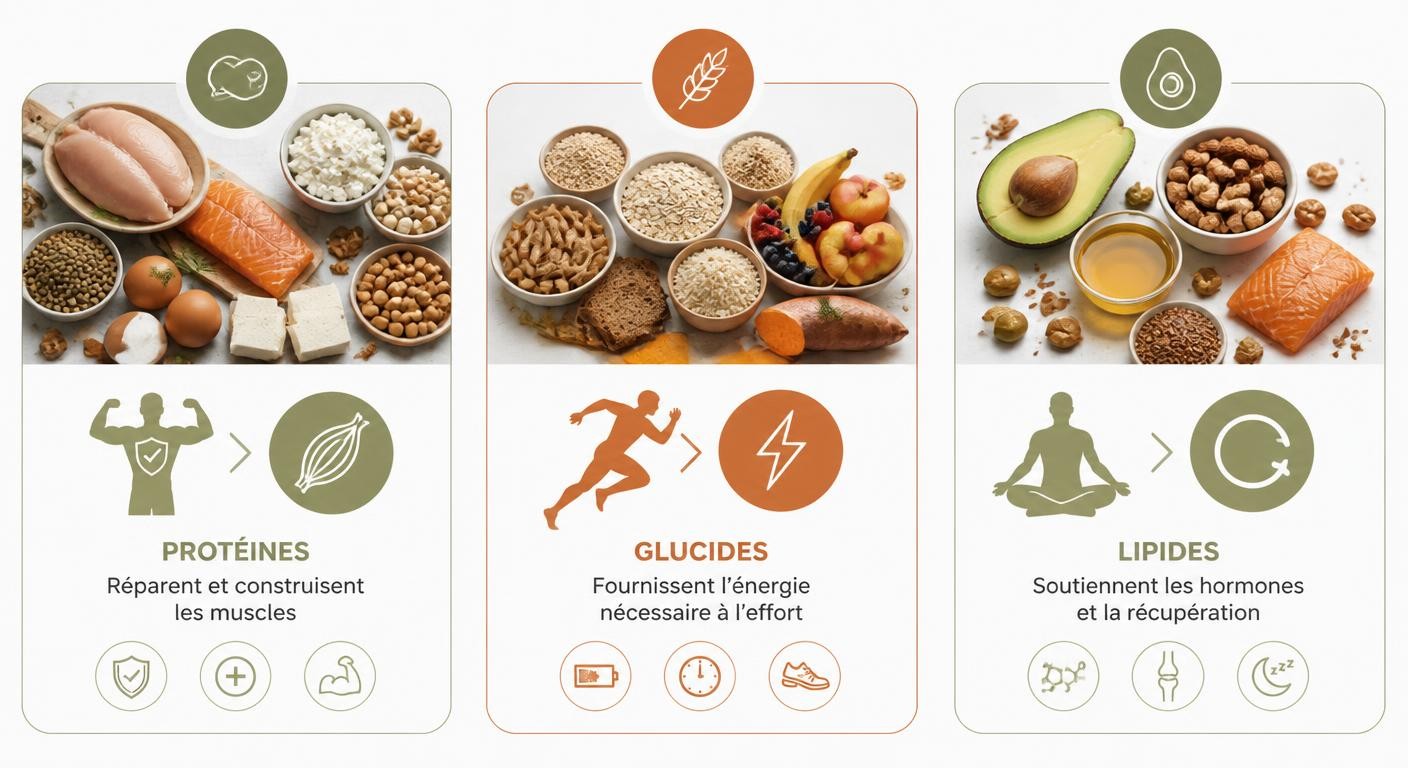Infographie du rôle de chaque macronutriment (protéines, glucides, lipides) chez le sportif