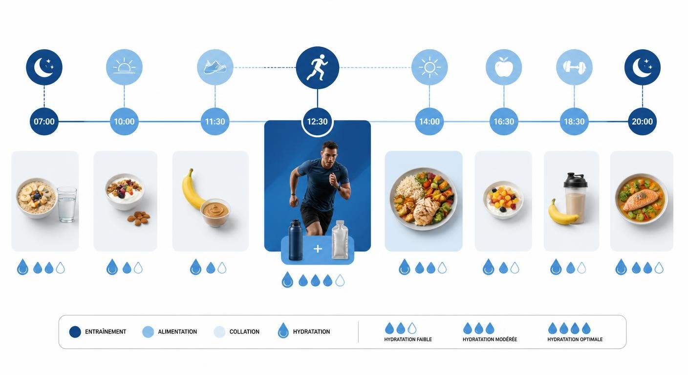 Infographie du timing des repas et de l'hydratation autour de l'entraînement