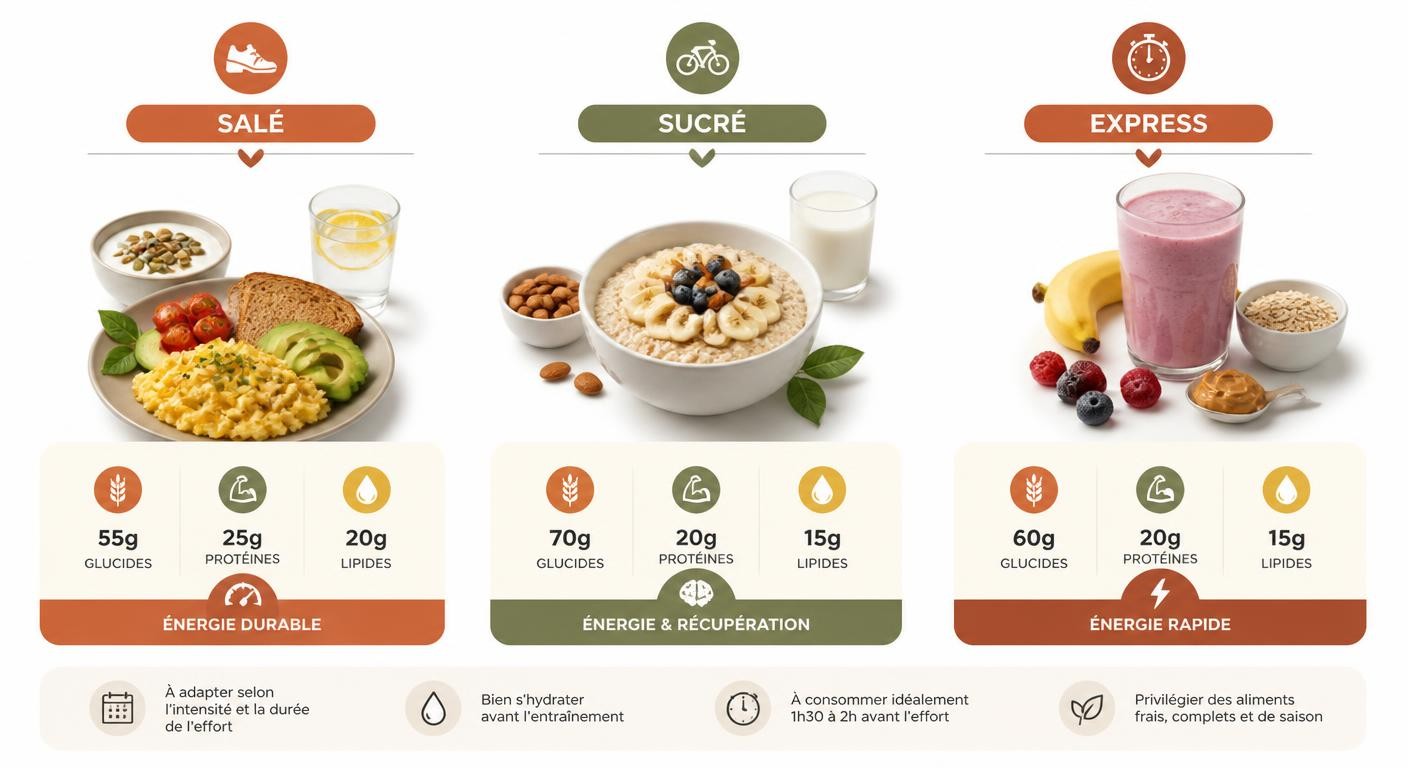 Infographie de trois idées de petits-déjeuners pour sportif : salé, sucré et express