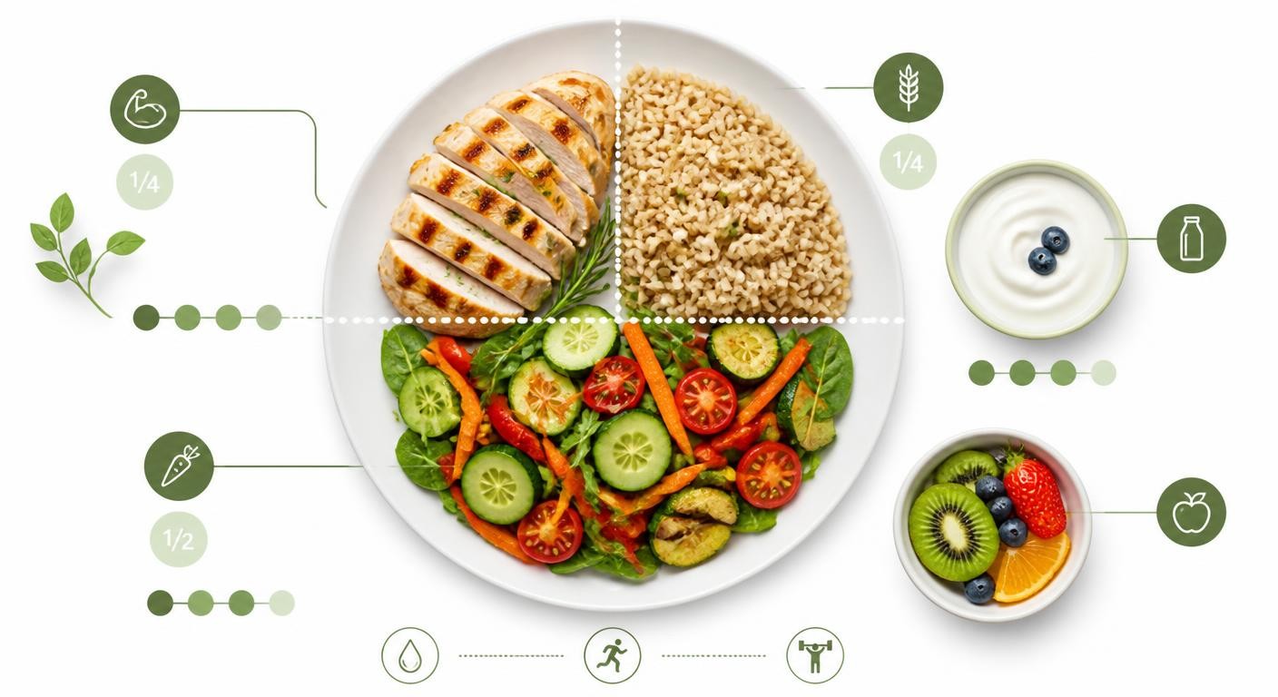 Infographie de l'assiette déjeuner équilibrée d'un sportif