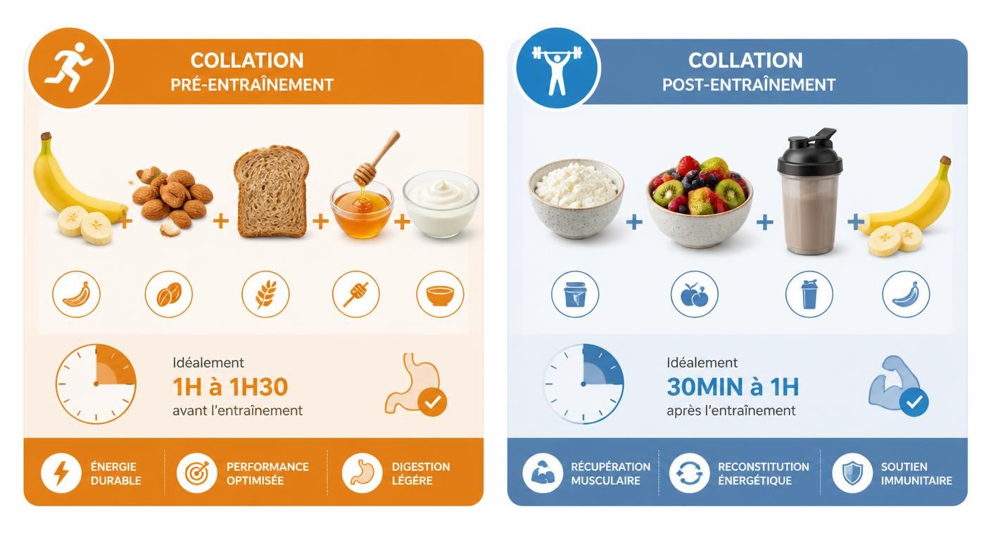 Infographie des collations pré et post-entraînement pour sportif
