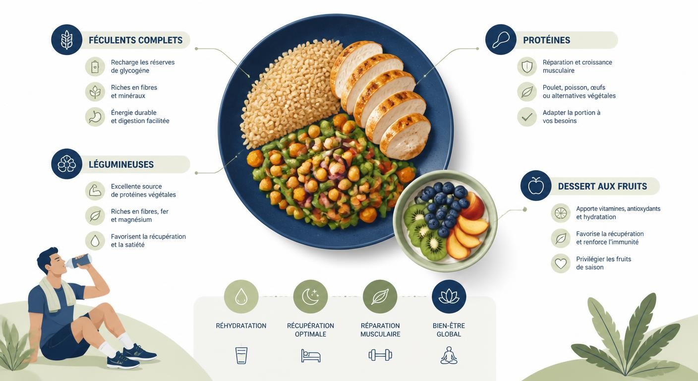 Infographie du dîner de récupération musculaire d'un sportif