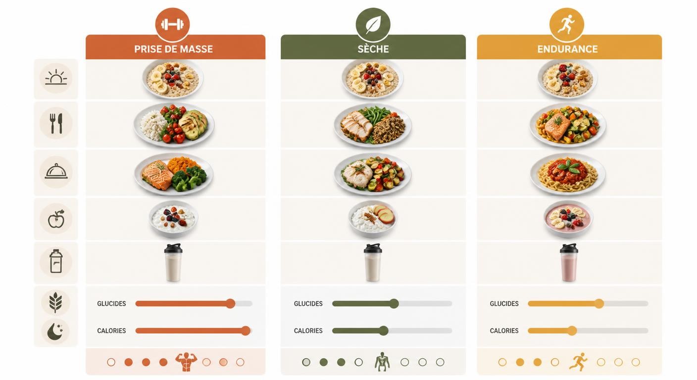 Infographie comparant la journée alimentaire selon l'objectif prise de masse, sèche ou endurance
