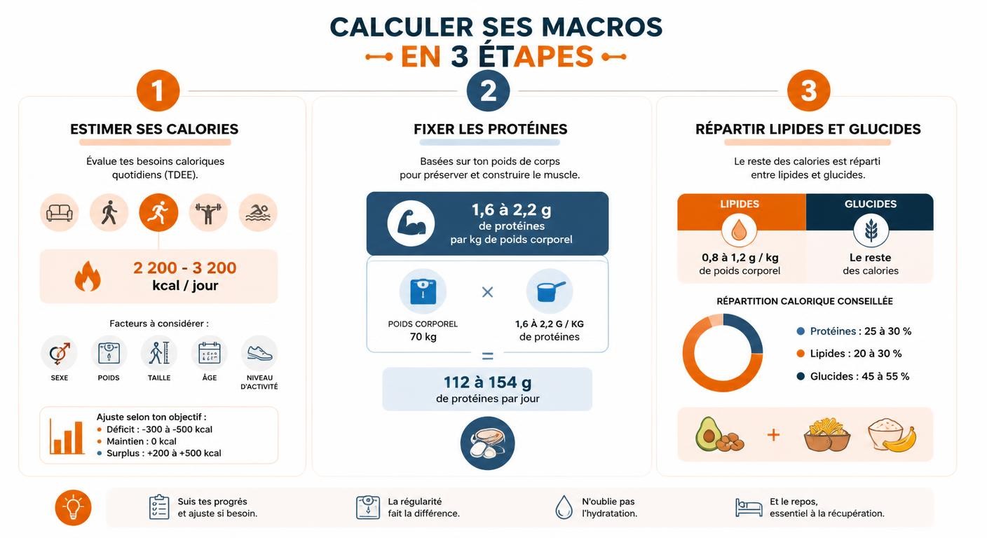 Infographie de la méthode en trois étapes pour calculer ses macros de sportif
