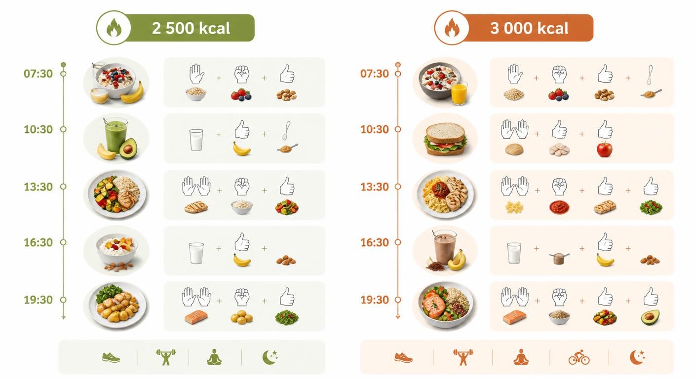 Infographie de deux journées alimentaires types de sportif à 2 500 et 3 000 calories