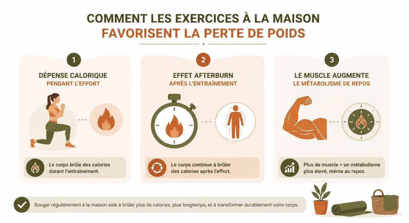 Infographie expliquant comment les exercices maison favorisent la perte de poids