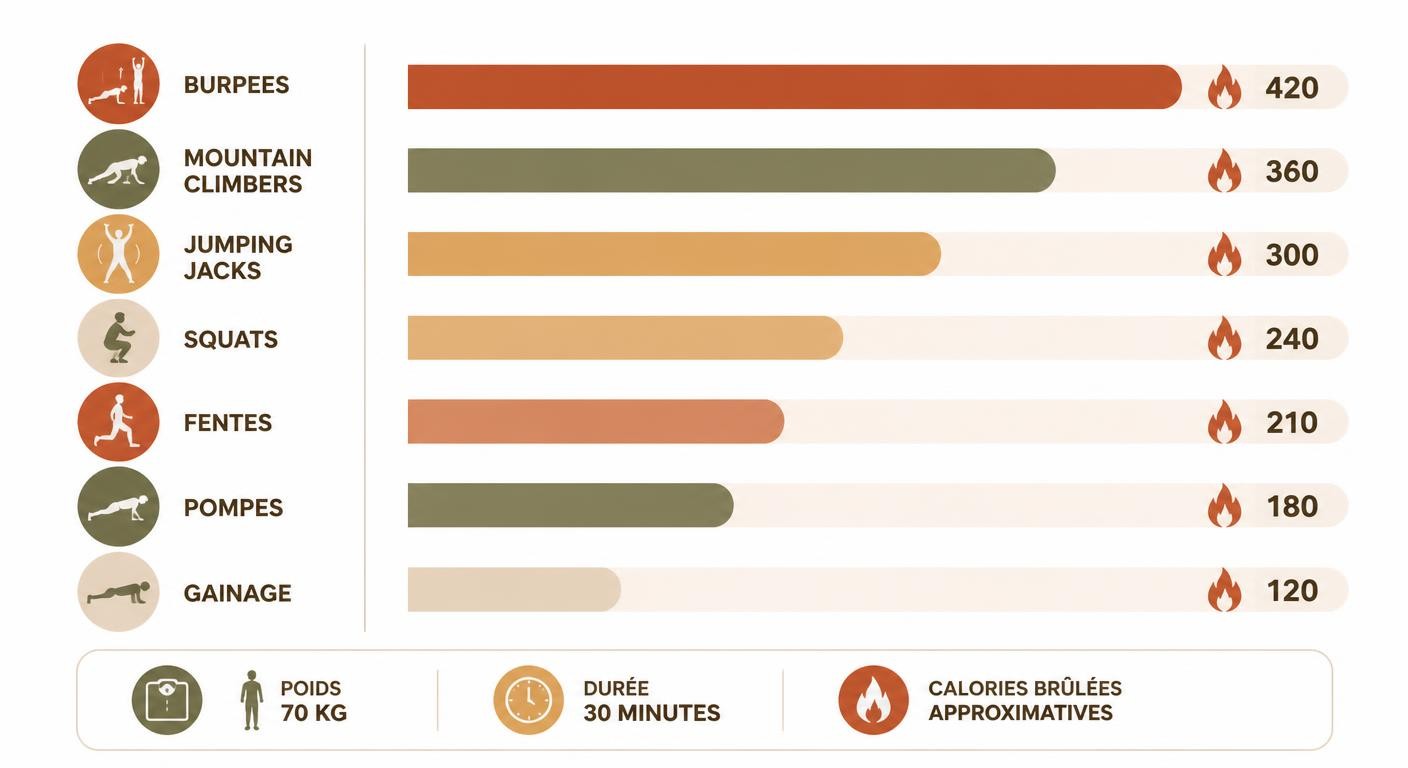 Infographie des calories brûlées par exercice maison pour une personne de 70 kg