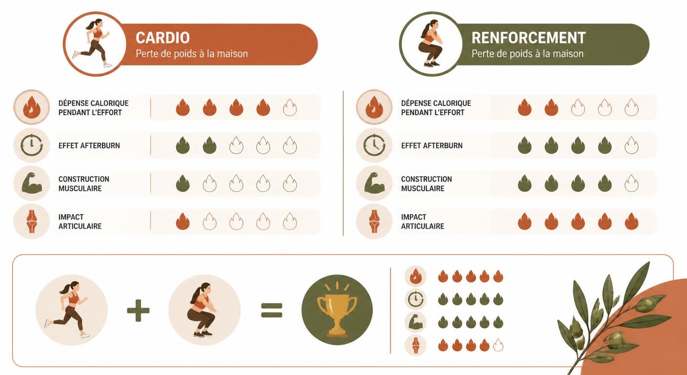 Infographie comparant cardio et renforcement pour maigrir à la maison