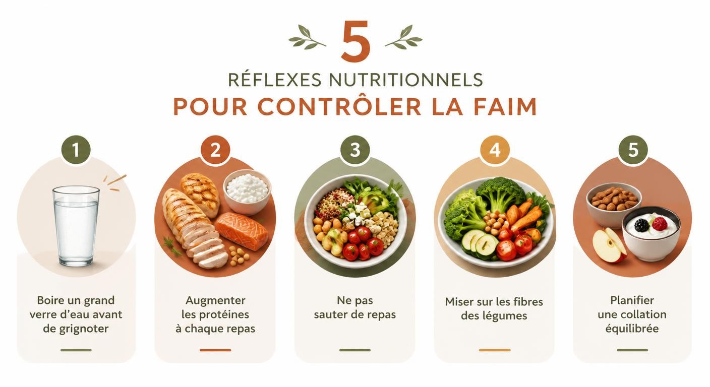 Infographie des 5 réflexes anti-fringale pour soutenir votre programme de perte de poids maison