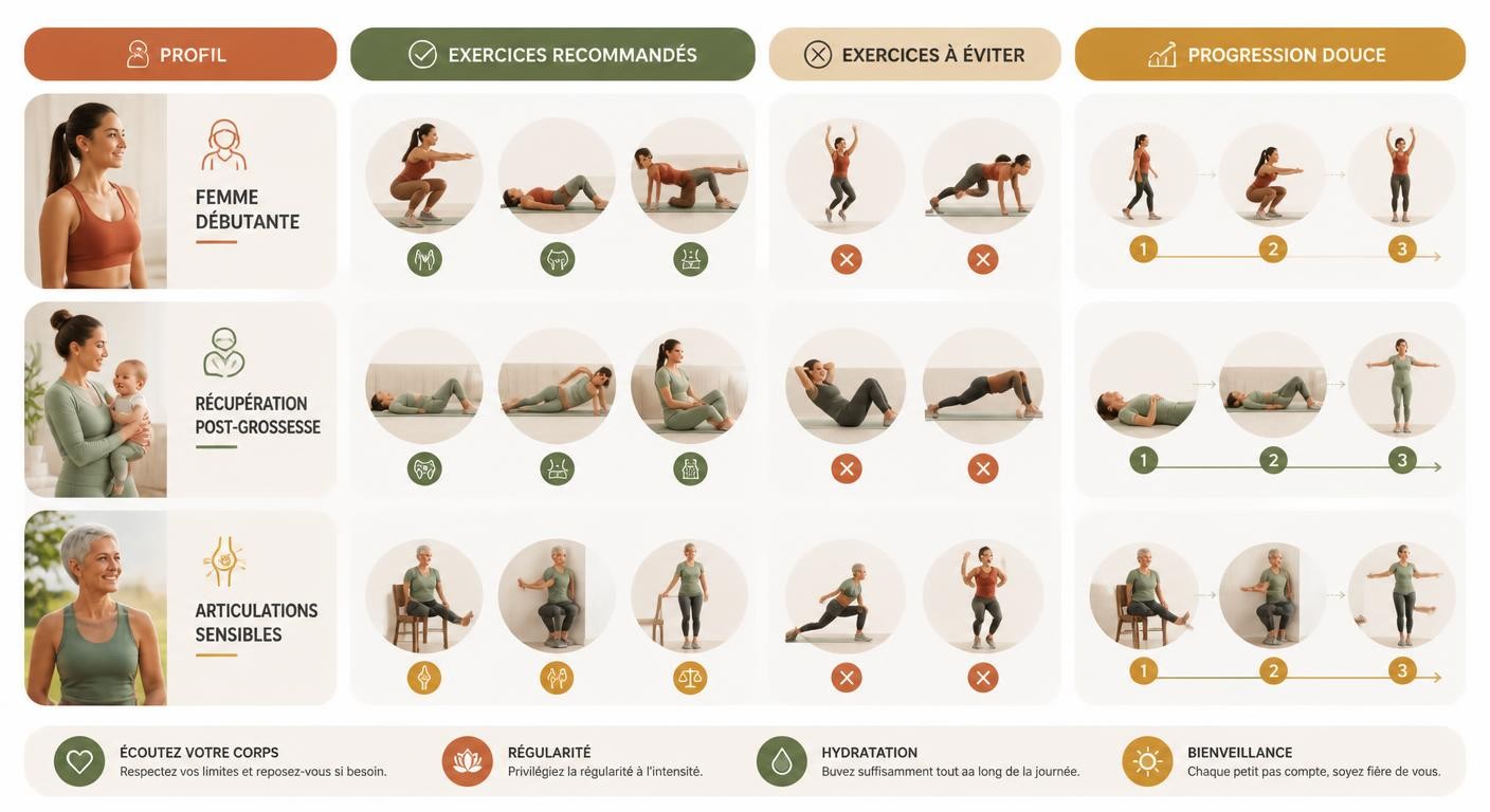 Infographie sur l'adaptation des exercices maison de perte de poids selon le profil