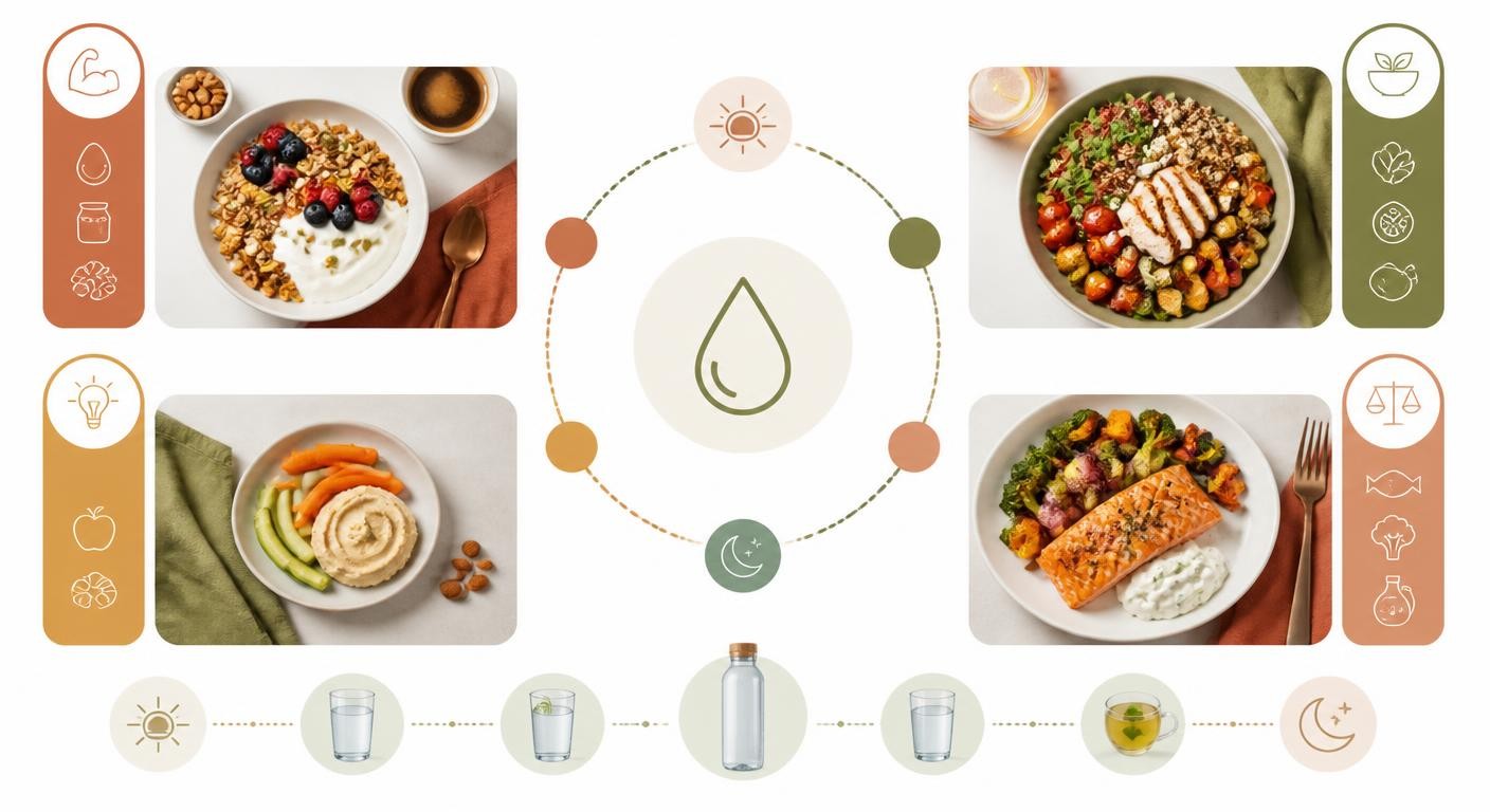 Infographie présentant un exemple de journée alimentaire gourmande et équilibrée pour perdre du poids.