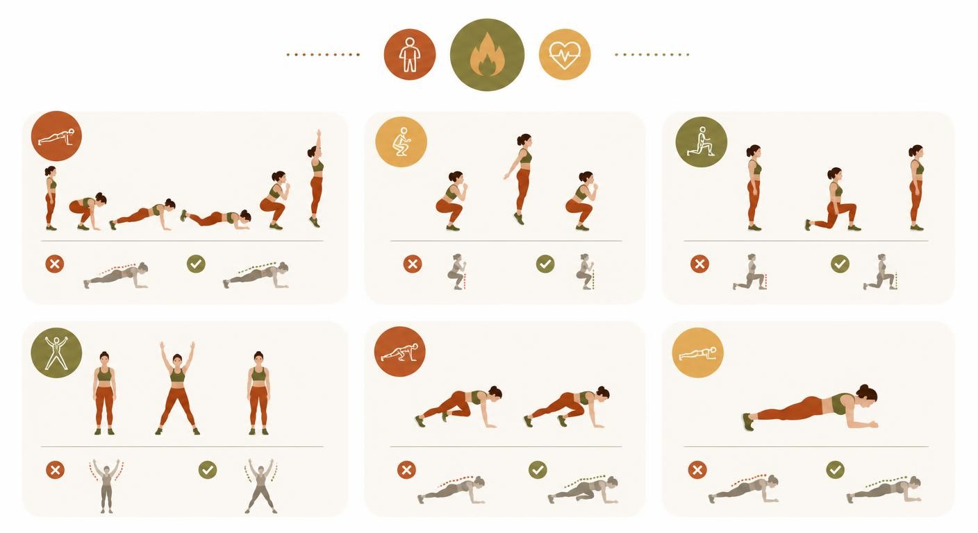 Infographie illustrant les six exercices de base au poids de corps pour maigrir.