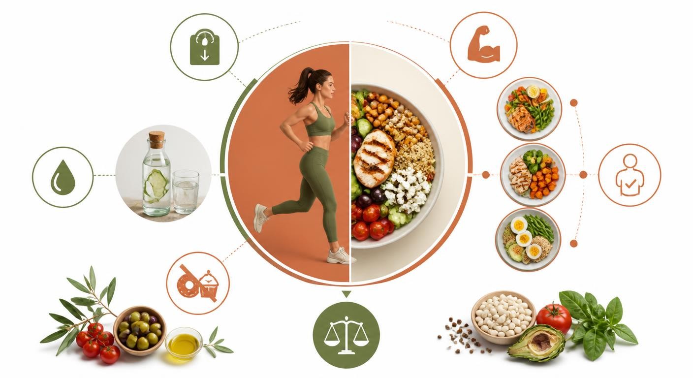 Infographie combinant sport et alimentation équilibrée pour une perte de poids durable.