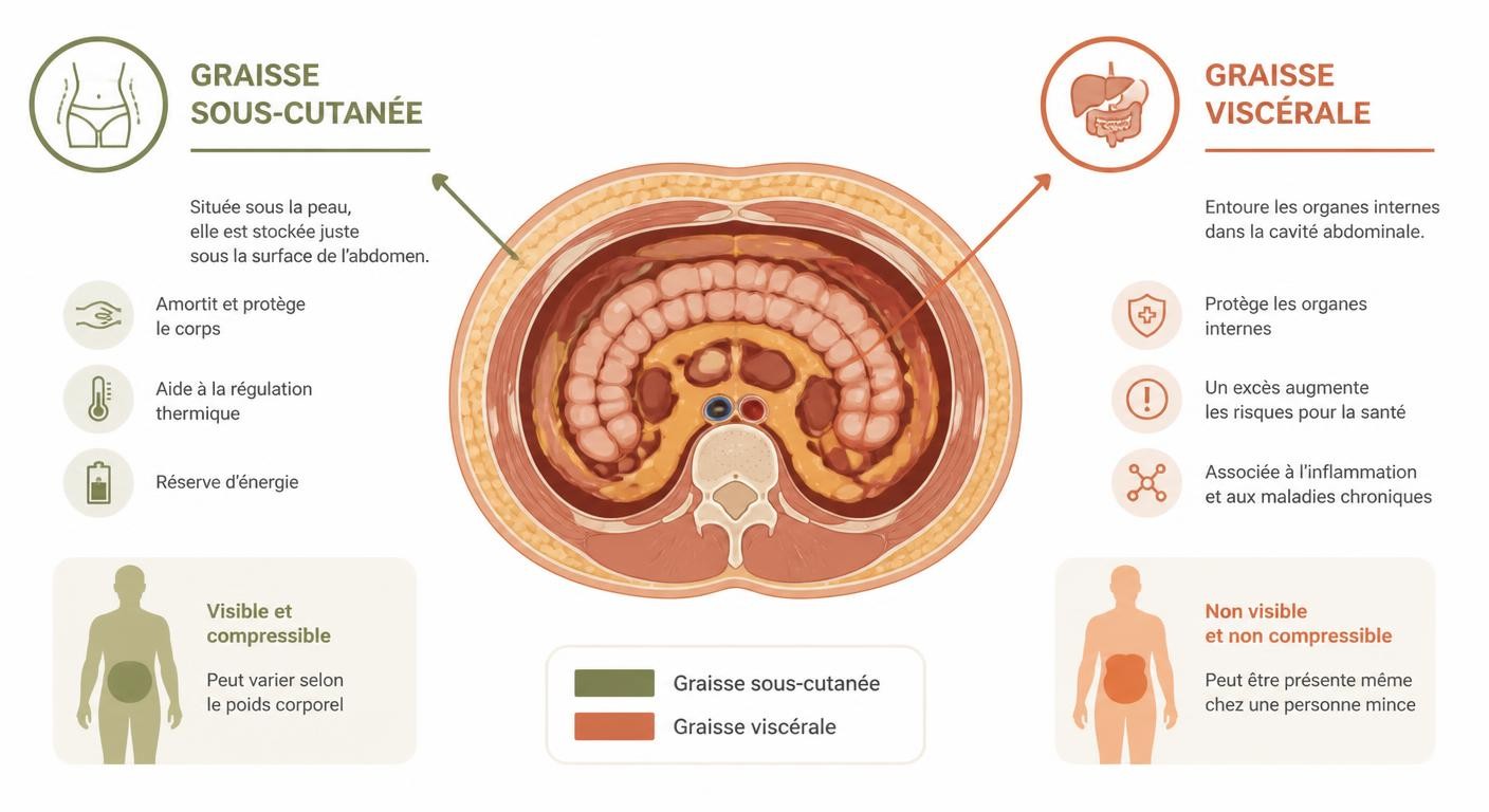 Infographie comparant la graisse abdominale sous-cutanée et la graisse viscérale