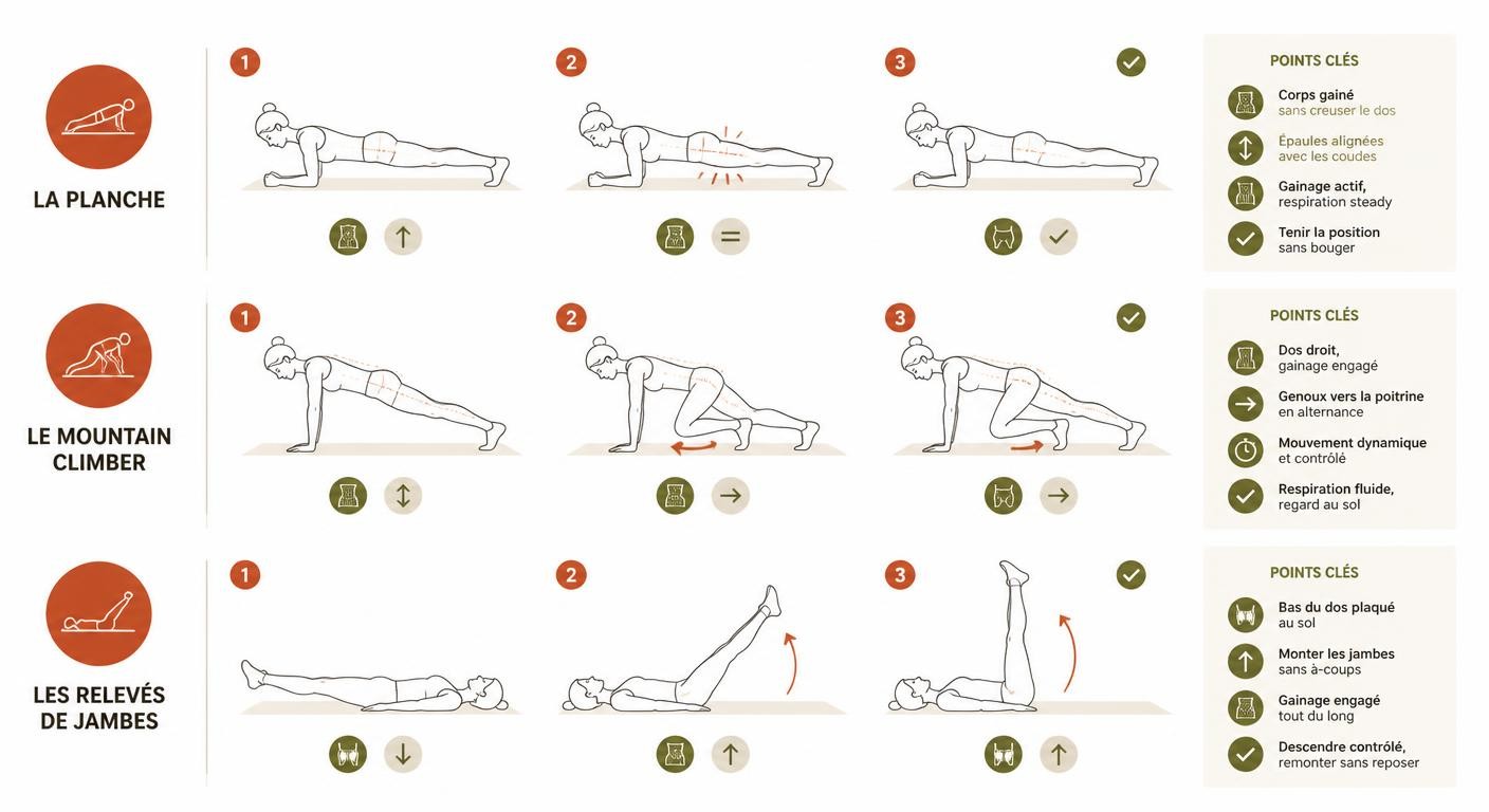 Infographie d'exécution du gainage, du mountain climber et des relevés de jambes