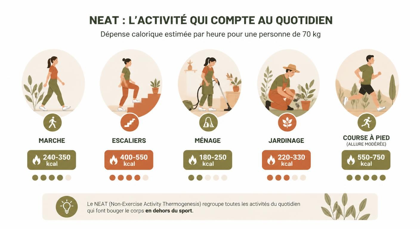 Infographie des activités quotidiennes contribuant au NEAT et leur dépense calorique