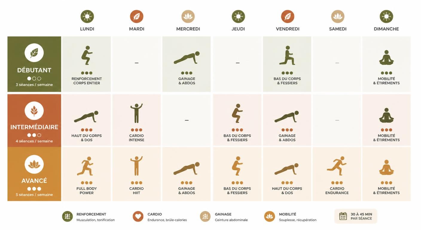Infographie du programme d'exercices maison sur trois niveaux de progression