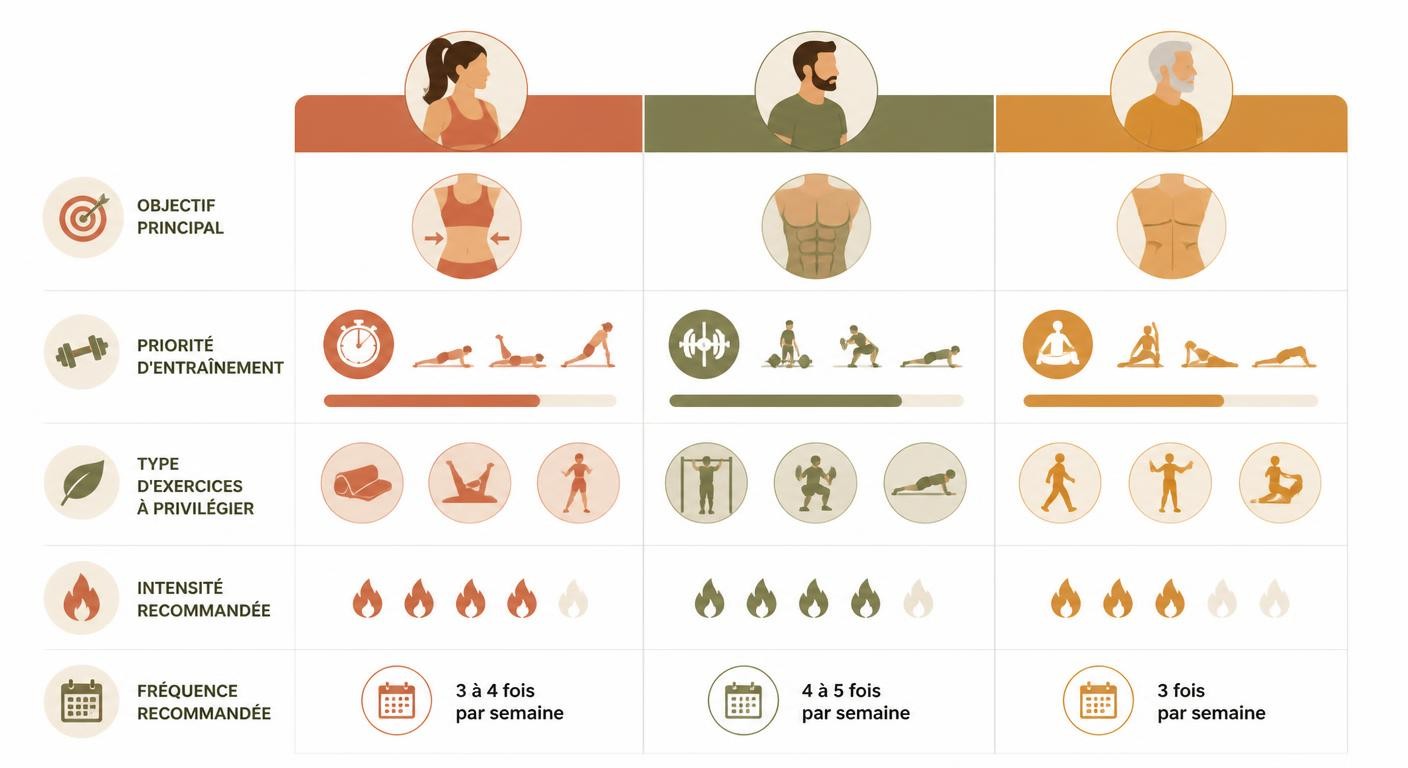 Infographie des priorités d'exercices selon le profil : femme, homme, après 50 ans