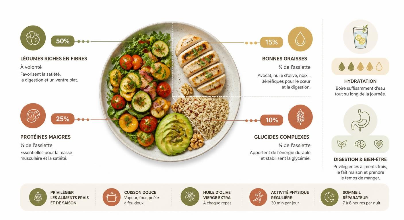 Infographie de l'assiette équilibrée pour un ventre plat