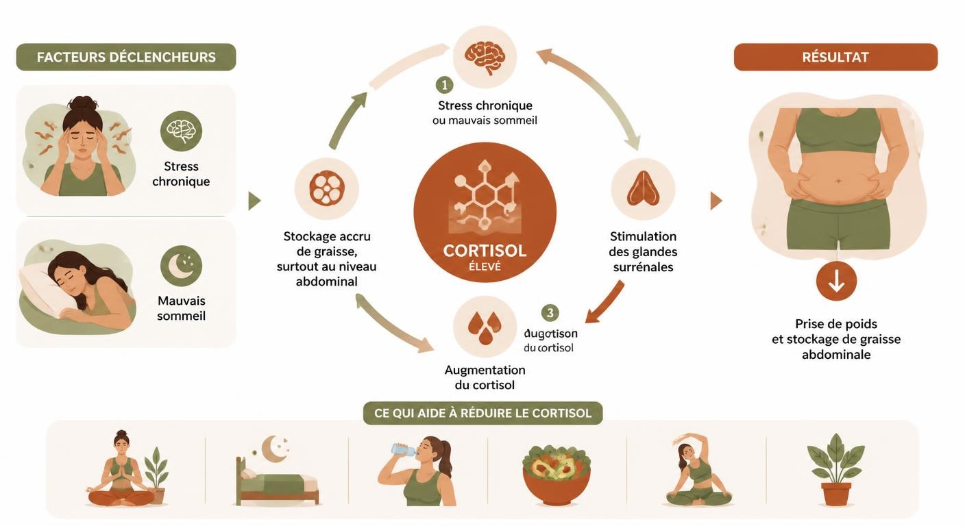 Infographie du cercle stress, cortisol, sommeil et graisse abdominale
