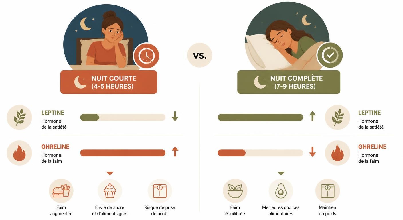 Infographie de l'impact du manque de sommeil sur les hormones de la faim et le cortisol