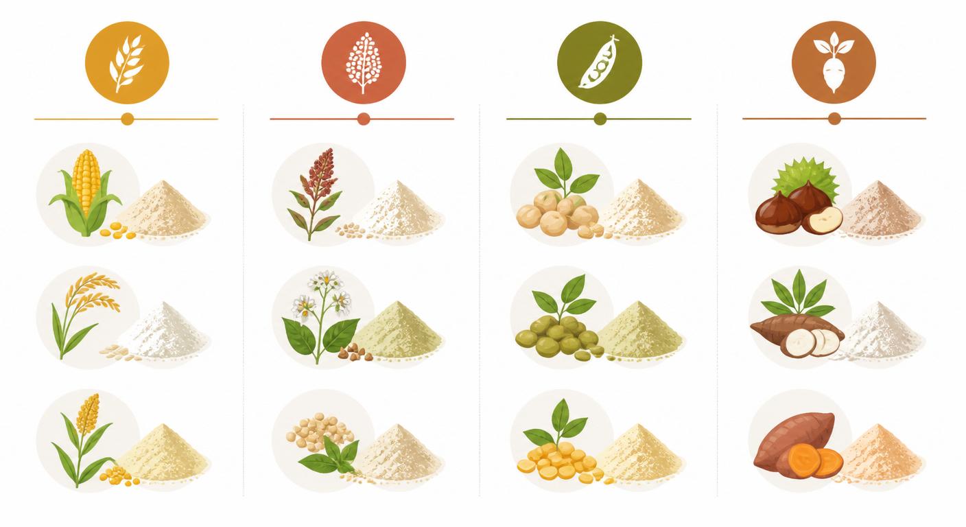 Infographie des 12 farines sans gluten classées par familles botaniques