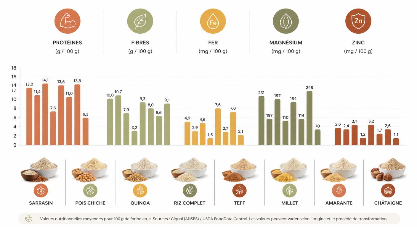 Infographie comparant les apports en protéines, fibres et micronutriments des farines sans gluten