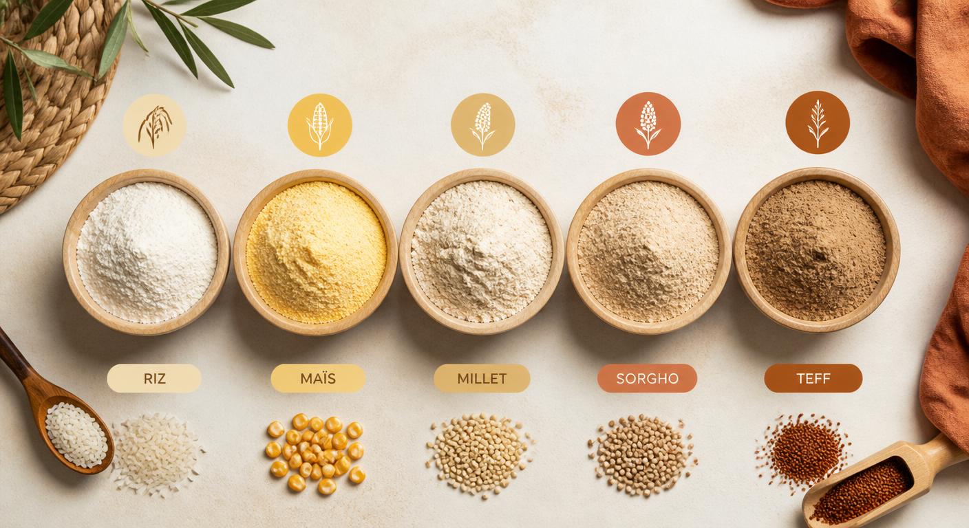 Cinq farines de céréales sans gluten dans des bols en bois