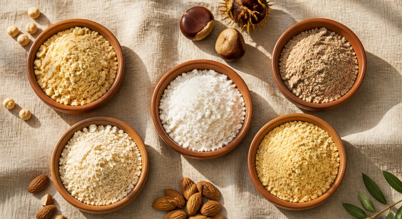 Cinq farines sans gluten issues de fruits oléagineux et de légumineuses présentées en coupelles