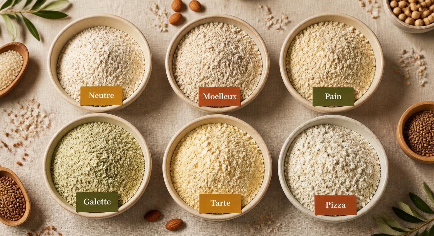 Six mélanges de farines sans gluten présentés en bols