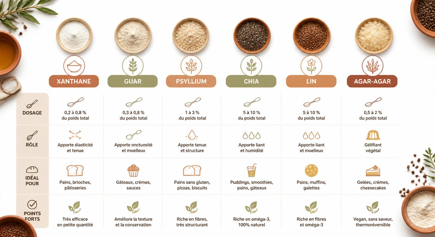 Infographie comparant six liants naturels pour remplacer le gluten