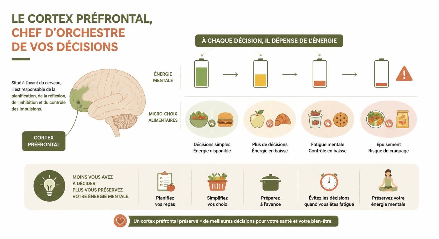 Schéma du cortex préfrontal et son rôle dans l'épuisement décisionnel lié aux choix alimentaires