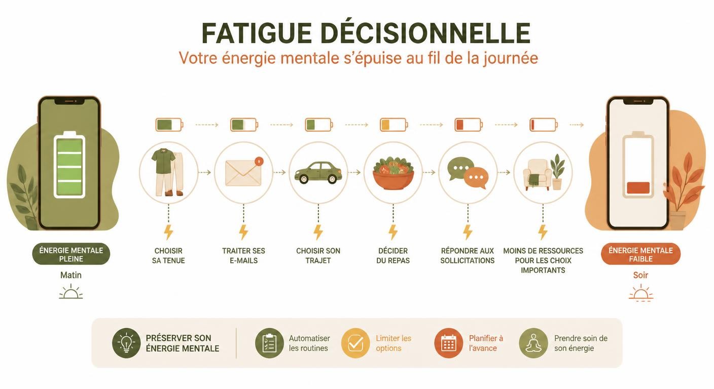 Infographie montrant la fatigue décisionnelle comme une batterie mentale qui se décharge au fil des choix de la journée