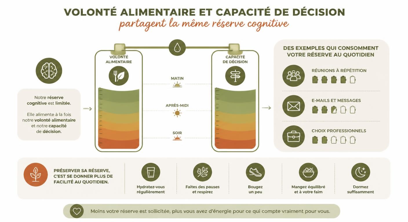Infographie montrant que volonté et décision partagent la même réserve cognitive qui s'épuise au fil de la journée
