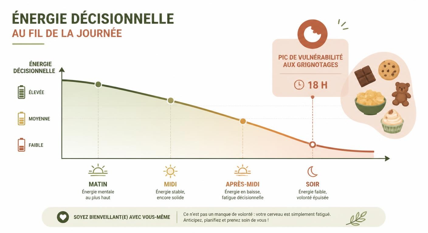 Courbe de l'énergie décisionnelle déclinant sur la journée et pic de craquage alimentaire en soirée