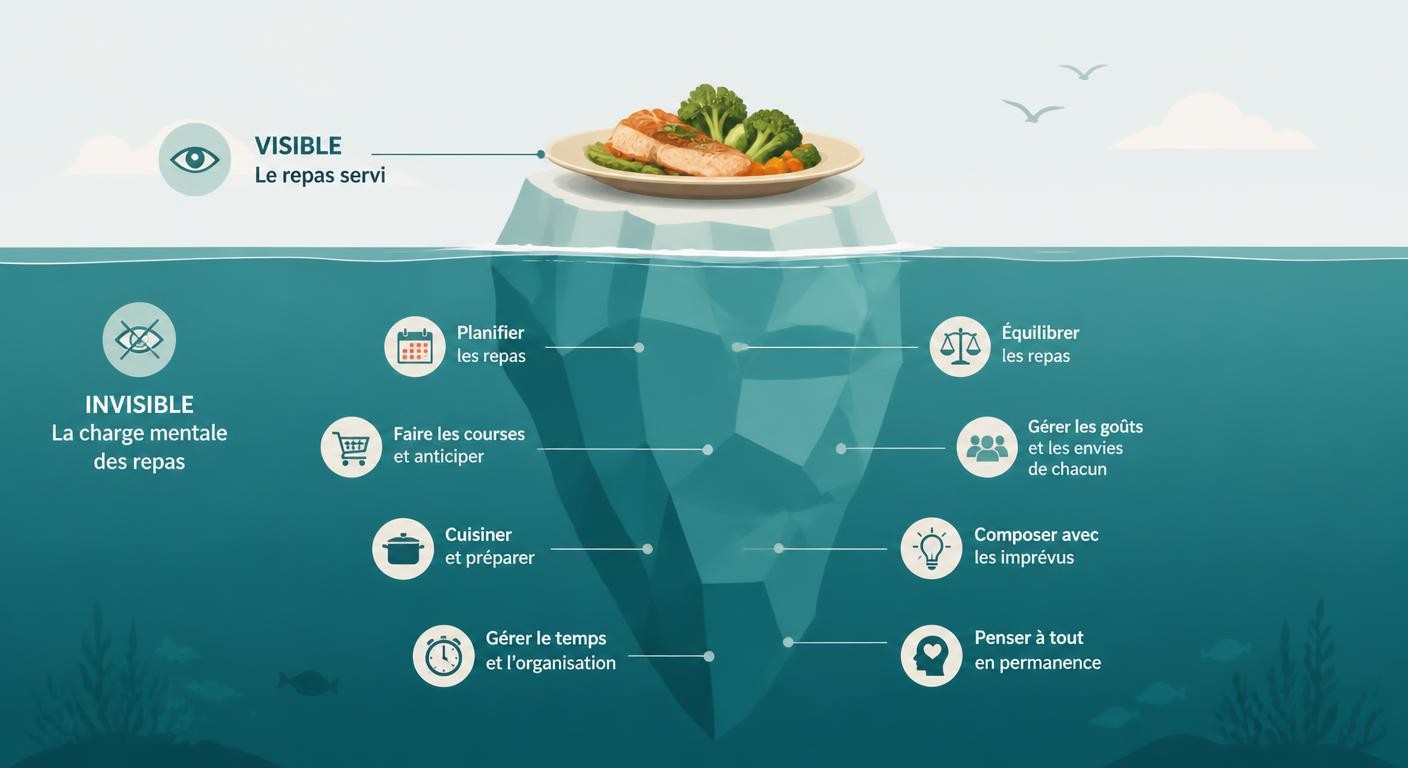 Iceberg illustrant la charge mentale invisible derrière un simple repas familial