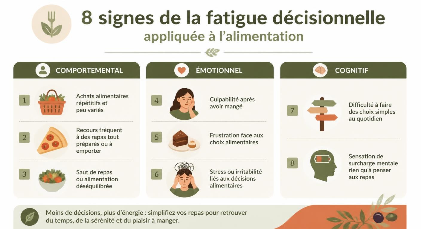 Huit signes de la fatigue décisionnelle alimentaire répartis en signaux comportementaux, émotionnels et cognitifs