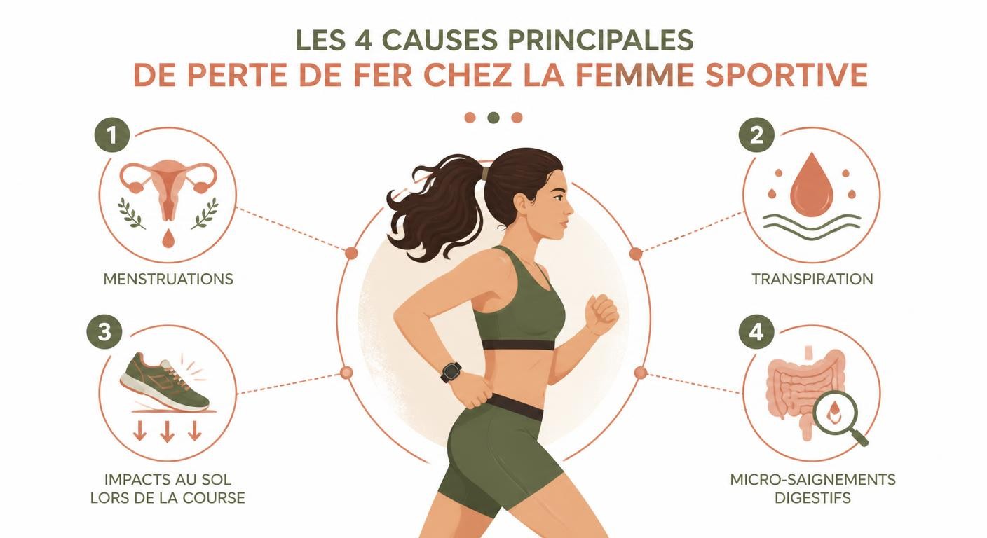 Infographie des quatre causes de perte de fer chez la femme sportive