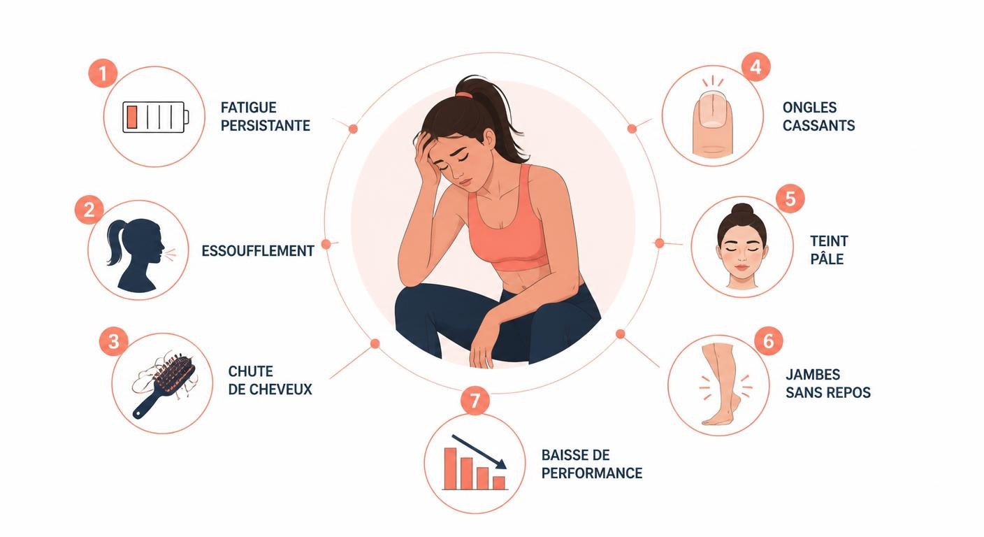 Infographie des symptômes de la carence en fer chez la femme sportive