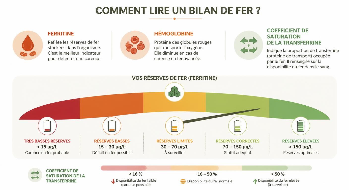 Infographie expliquant la lecture d'un bilan sanguin du fer