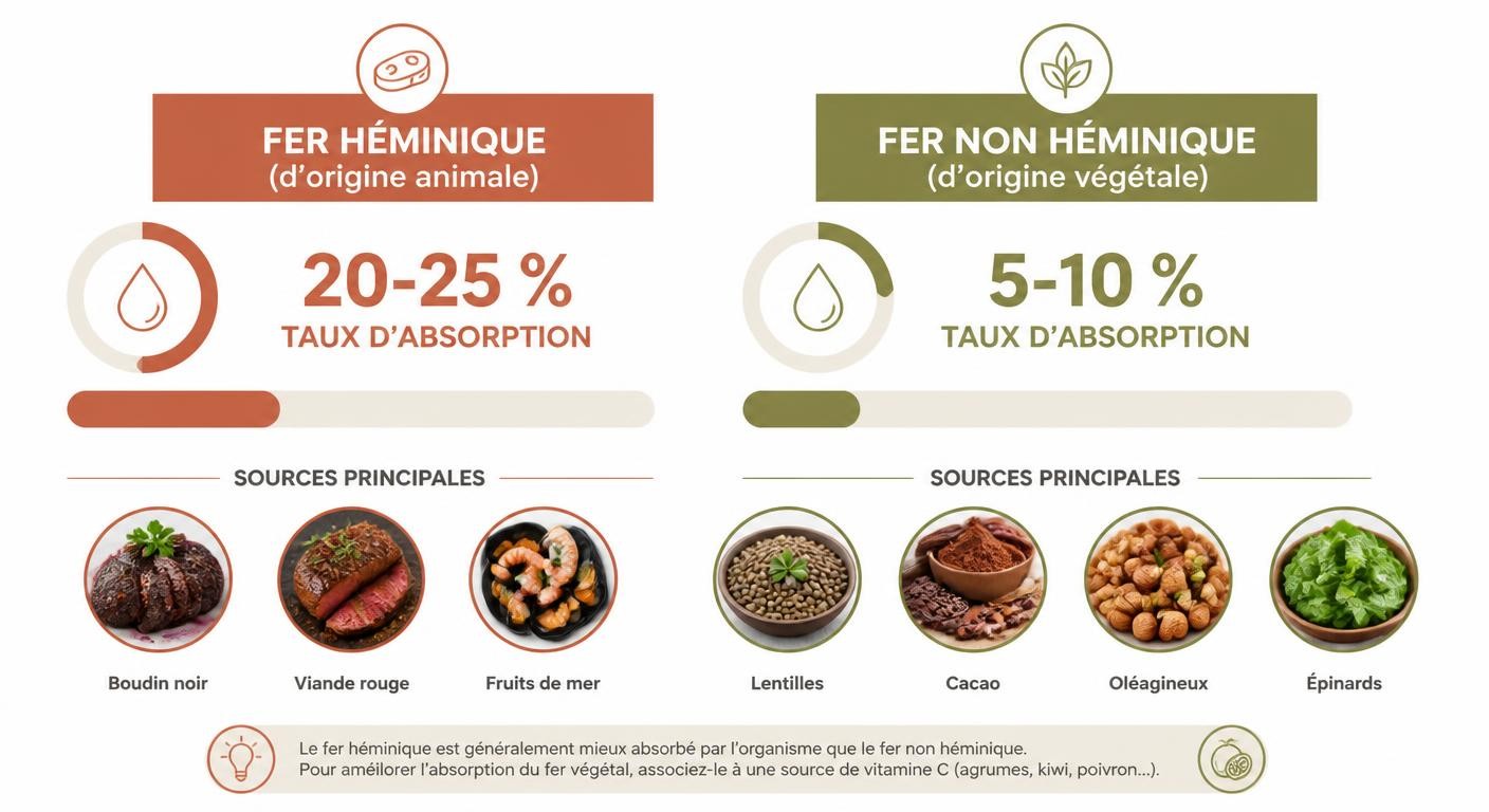 Infographie comparant le taux d'absorption du fer héminique et non héminique
