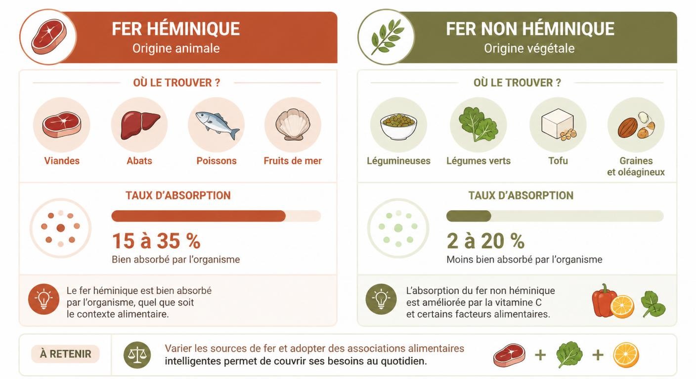Infographie comparant le fer héminique et le fer non héminique et leurs taux d'absorption