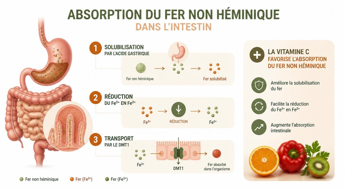 Infographie des trois étapes de l'absorption du fer non héminique dans l'intestin