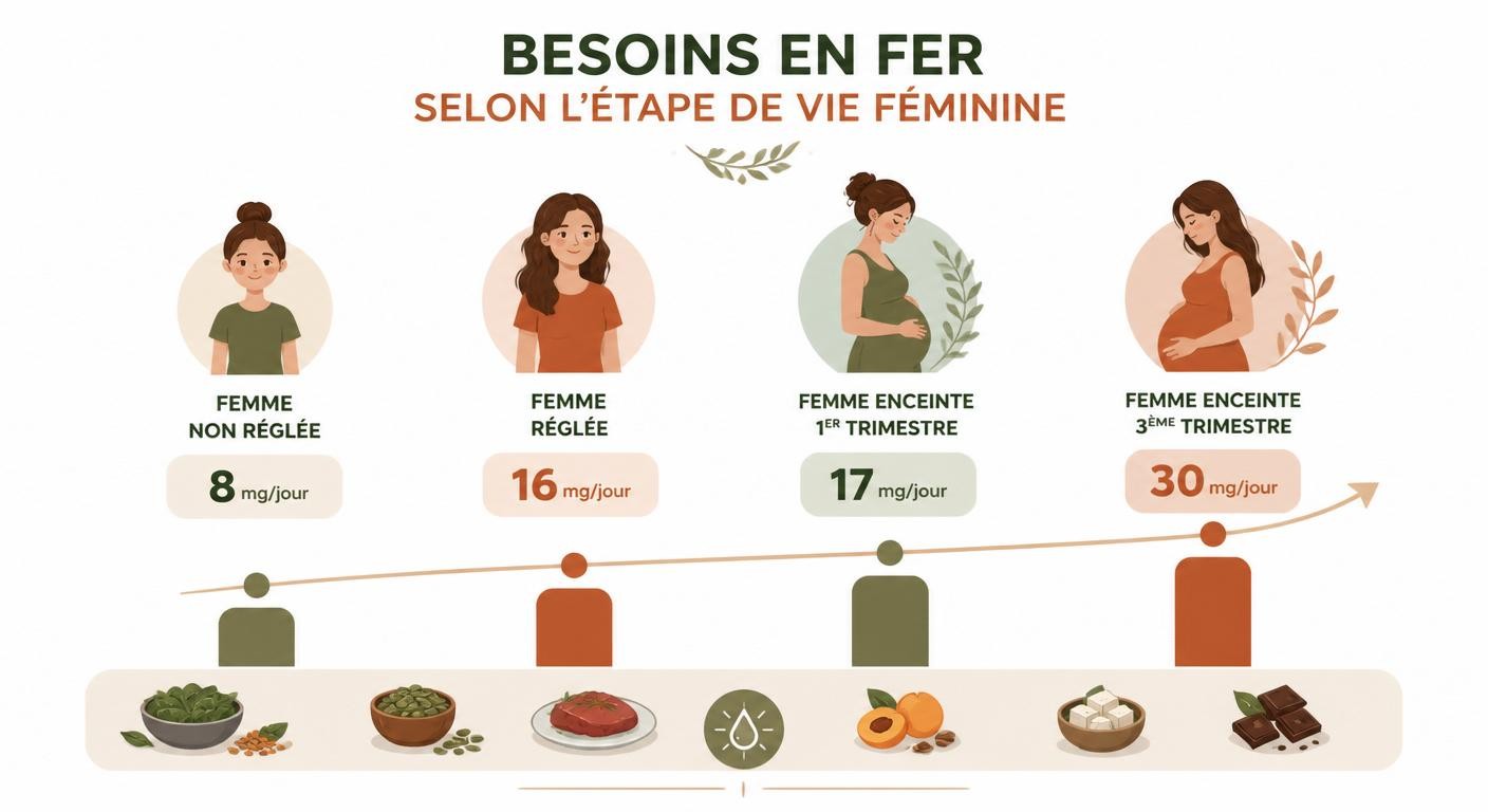 Infographie des besoins quotidiens en fer selon l'étape de vie de la femme : réglée, enceinte