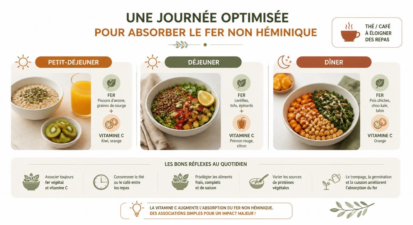 Infographie d'une journée type de repas optimisant l'absorption du fer non héminique