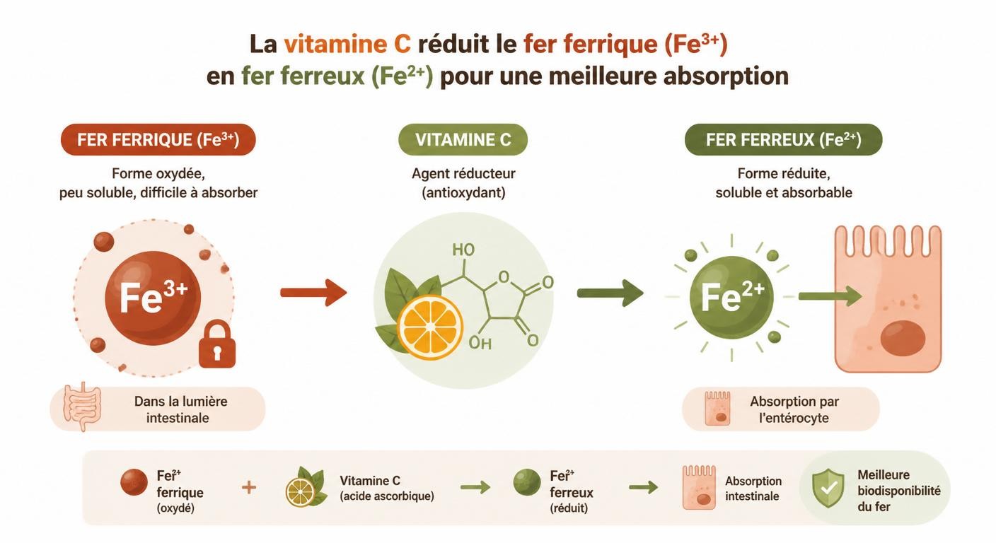 Infographie du rôle de la vitamine C dans la réduction du fer ferrique en fer ferreux
