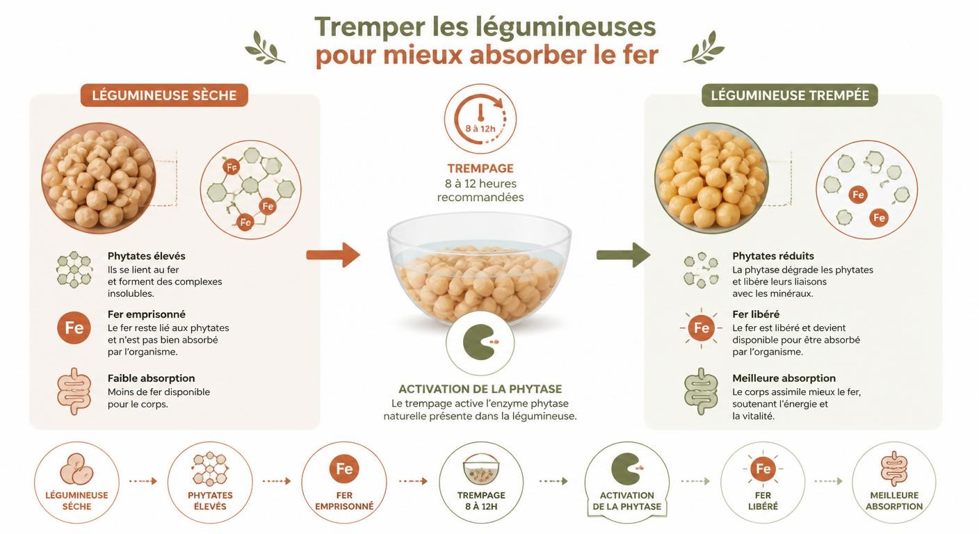 Infographie du mécanisme des phytates et de leur réduction par le trempage des légumineuses