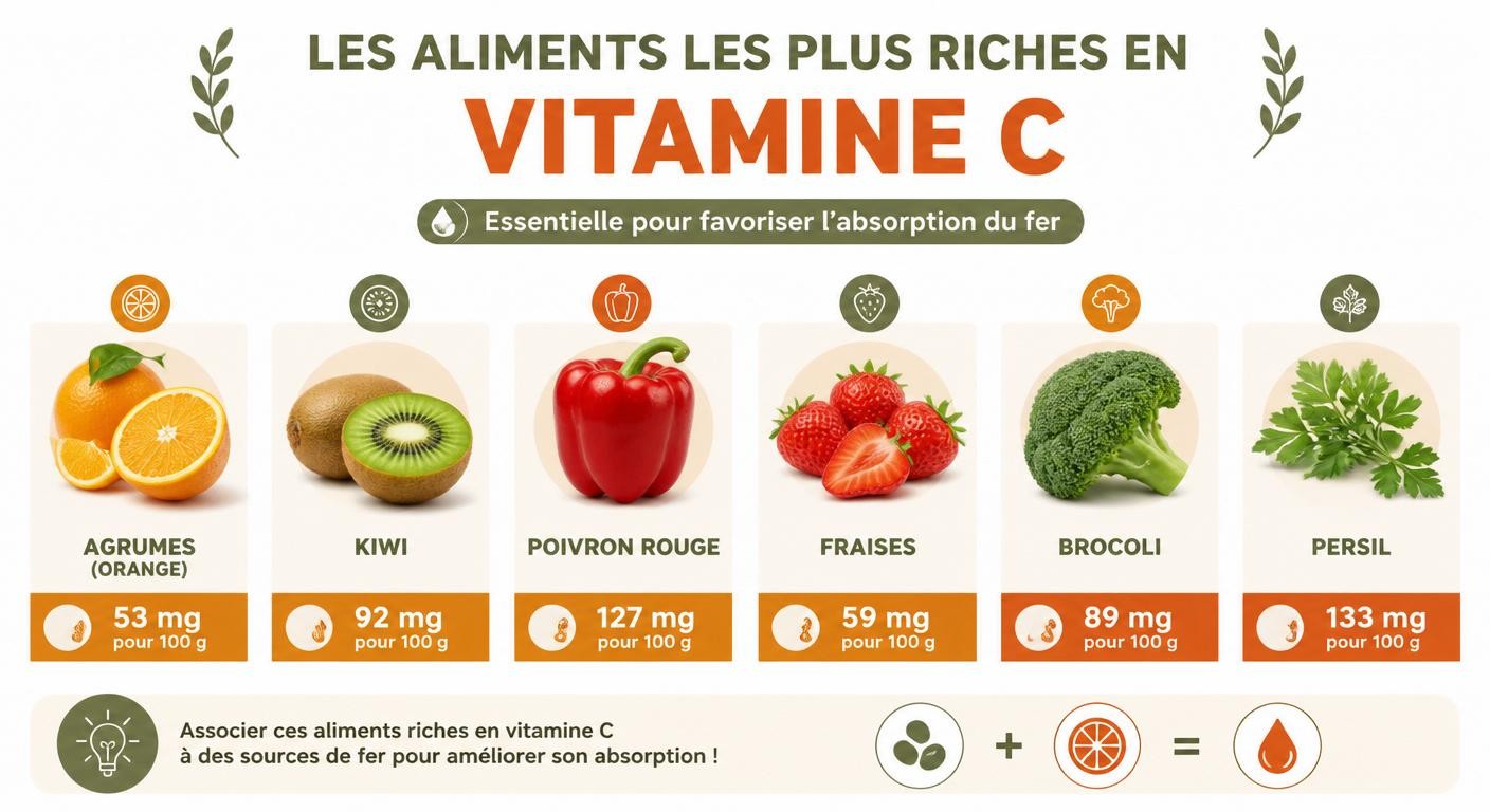 Infographie des meilleures sources de vitamine C pour améliorer l'absorption du fer végétal