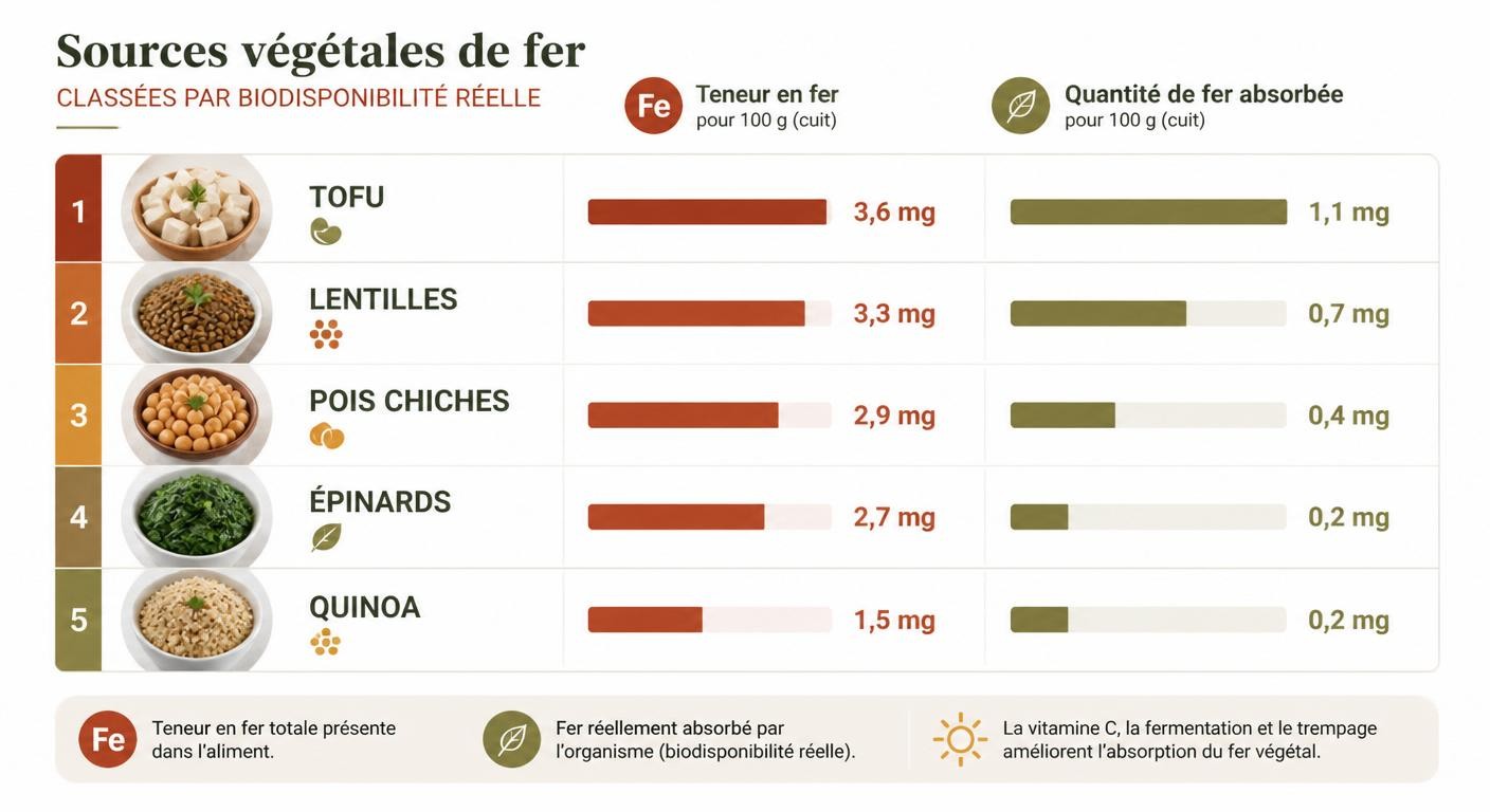 Infographie des aliments végétaux riches en fer non héminique classés par biodisponibilité réelle